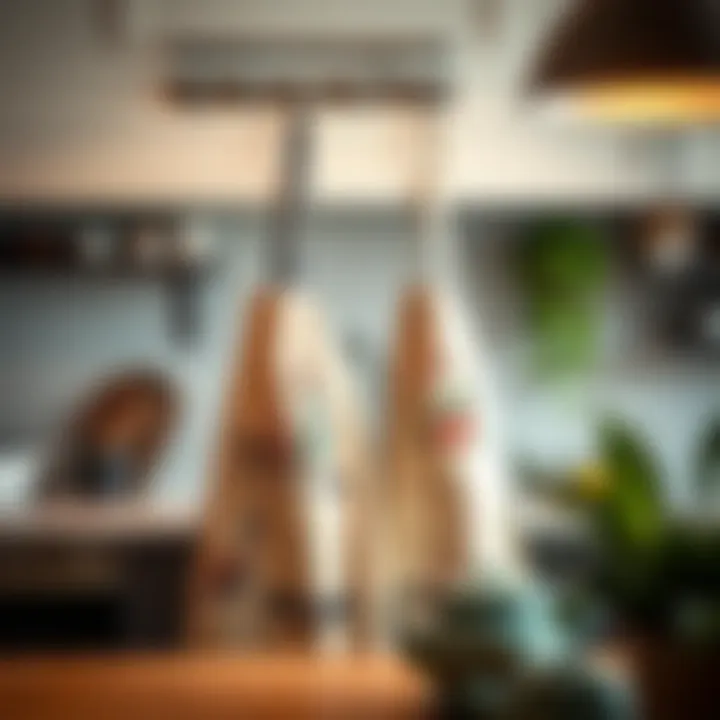 Artistic decorative aprons hanging in a stylish kitchen environment.