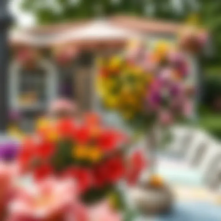 Stylish patio adorned with colorful artificial blooms for outdoor decor