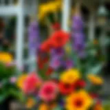 Vibrant outdoor arrangement of artificial flowers in a garden setting