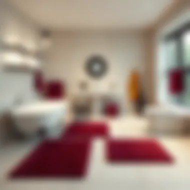 A stylish bathroom featuring burgundy rugs complementing modern decor