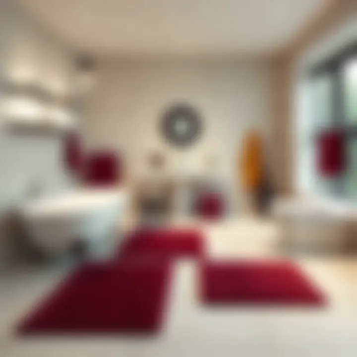 A stylish bathroom featuring burgundy rugs complementing modern decor