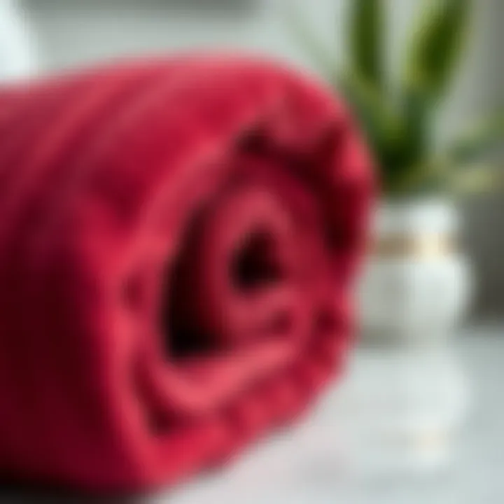 Close-up of high-quality burgundy bath towel showcasing texture and material