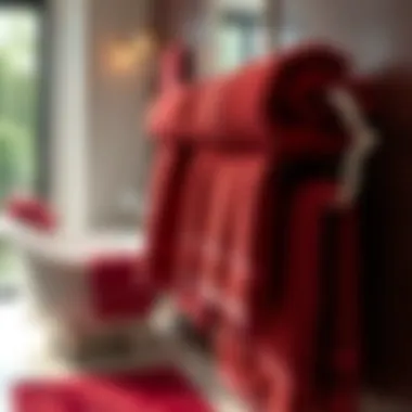 Luxurious burgundy bath towels elegantly displayed on a bathroom rack