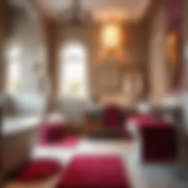 A serene bathroom atmosphere enhanced with burgundy textiles and neutral tones