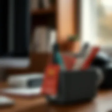 Organizing Office Supplies with Command Hooks A Command self-adhesive hook holding office supplies on a desk