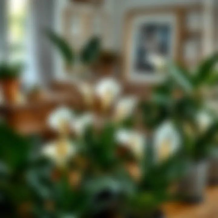 Peace Lilies in Home Decor A serene indoor setting with peace lilies beautifully arranged in decorative pots