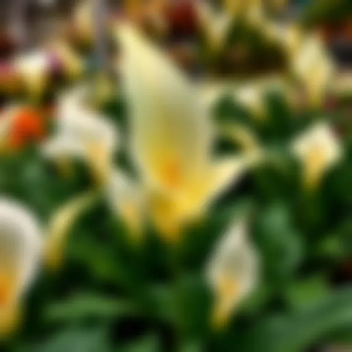 Varieties of Peace Lilies Different varieties of peace lilies displayed in a garden center, emphasizing selection options