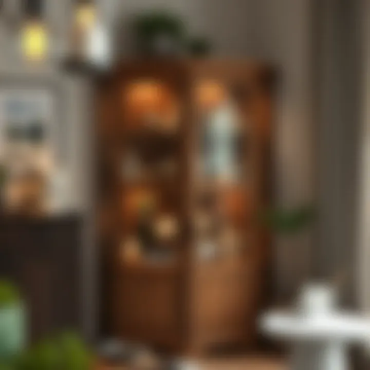 Rustic corner display cabinet filled with collectibles