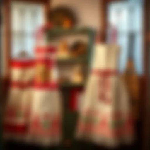 A charming collection of decorative aprons displayed against a vintage backdrop.
