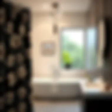 Black floral shower curtain paired with modern fixtures and lighting