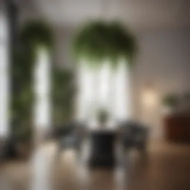 Elegant Dining Area with Tall Faux Plants Elegant dining area showcasing tall faux plants as decor