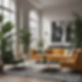 Stylish living room featuring tall standing fake plants