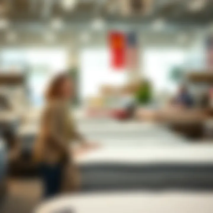 Customer Testing Comfortable Mattress Happy customer testing a mattress in a store