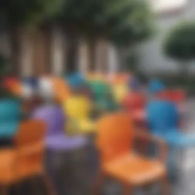 Colorful design variations of plastic outdoor chairs arranged aesthetically