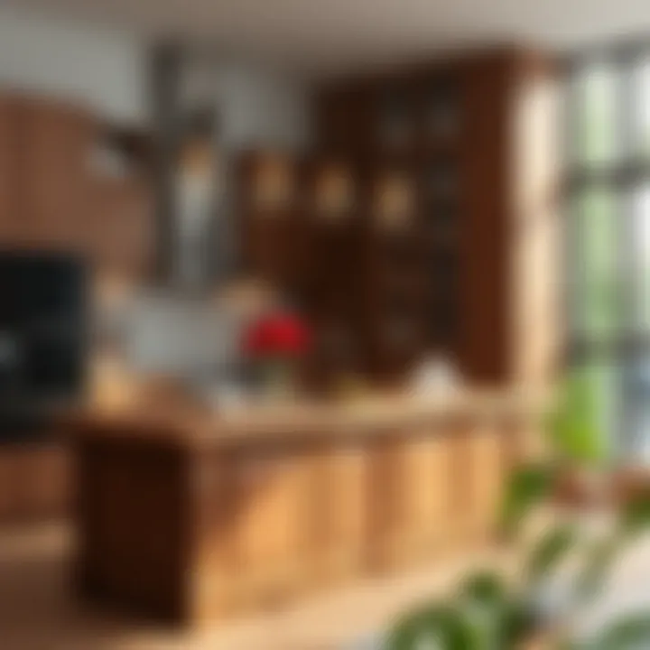 Elegant wooden kitchen island with rich textures