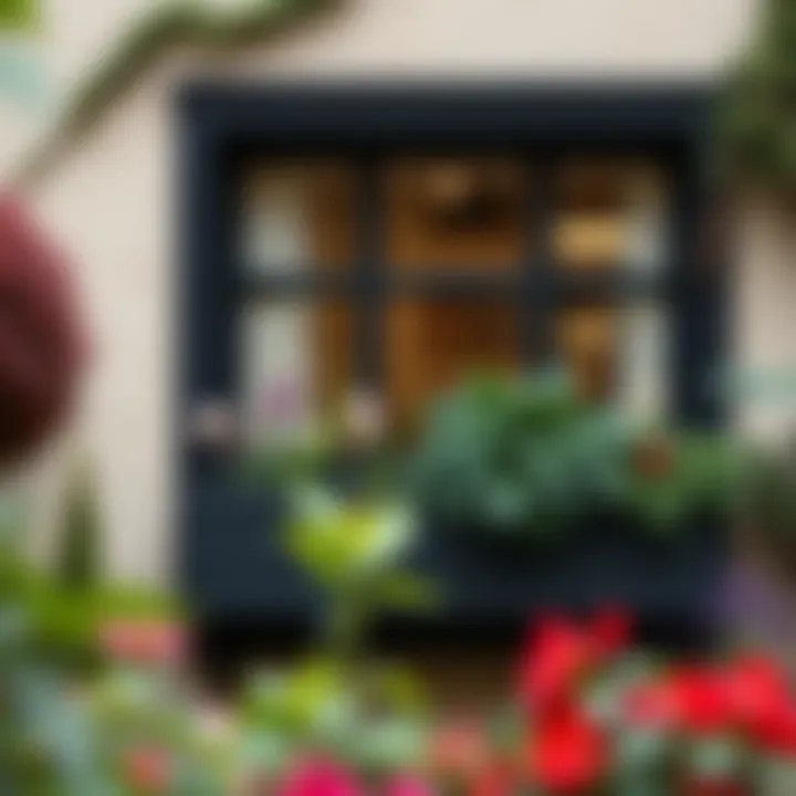 Sustainable black wooden window box in a garden setting