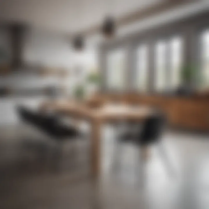 Modern kitchen decor featuring a large table with eight chairs