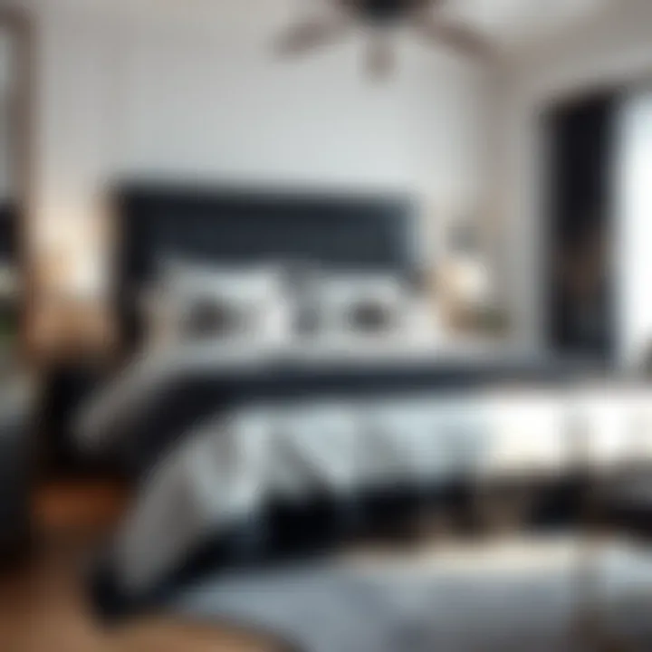 Elegant bedroom setup featuring a black and white king comforter with accent pillows