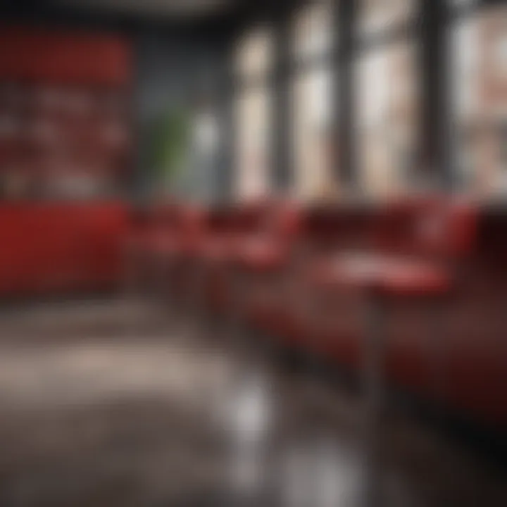 Red leather bar stools with arms in a chic dining area