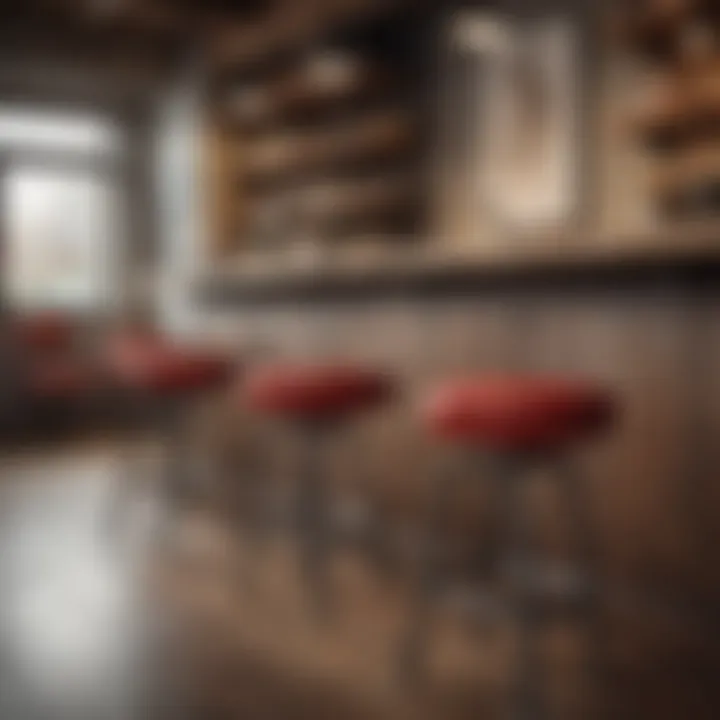 Bar stools featuring red leather and armrests in a rustic bar