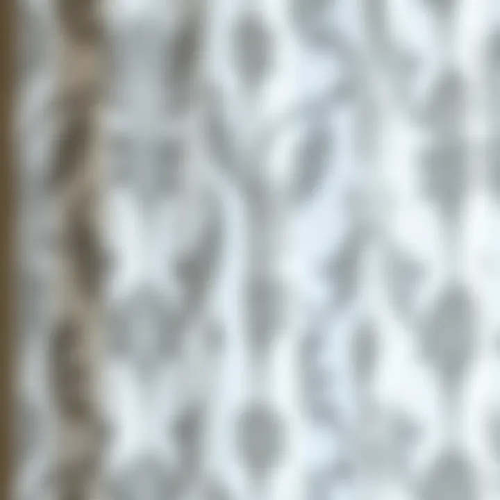Intricate Gray Patterns on Sheer Fabric Close-up of white sheer fabric showcasing intricate gray patterns