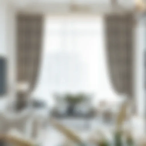 Elegant living room featuring white sheer curtains with gray patterns
