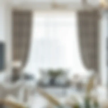 Elegant Living Room with Sheer Curtains Elegant living room featuring white sheer curtains with gray patterns