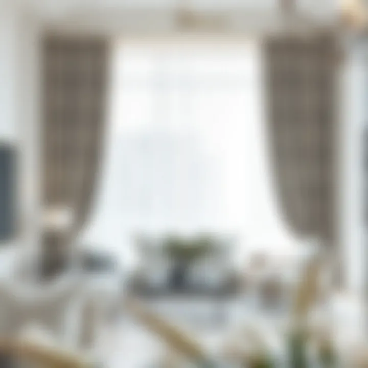 Elegant Living Room with Sheer Curtains Elegant living room featuring white sheer curtains with gray patterns