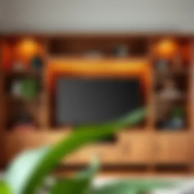 Rustic Wooden Entertainment Wall Unit Rustic wooden entertainment wall unit featuring open shelves and warm tones