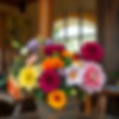 Vibrant display of colorful artificial blooms in a rustic container