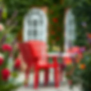 Stylish red stacking patio chairs enhancing a vibrant garden setting.
