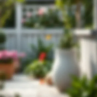 An elegantly designed self-watering planter set against a lush garden backdrop