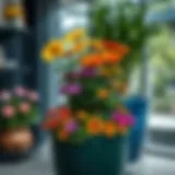 A vibrant self-watering planter showcasing a variety of colorful flowers