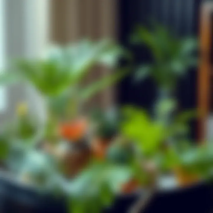 Decorative arrangement featuring various small fake palm plants