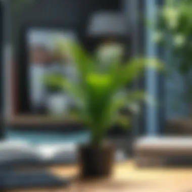 Aesthetic view of a small fake palm plant on a desk