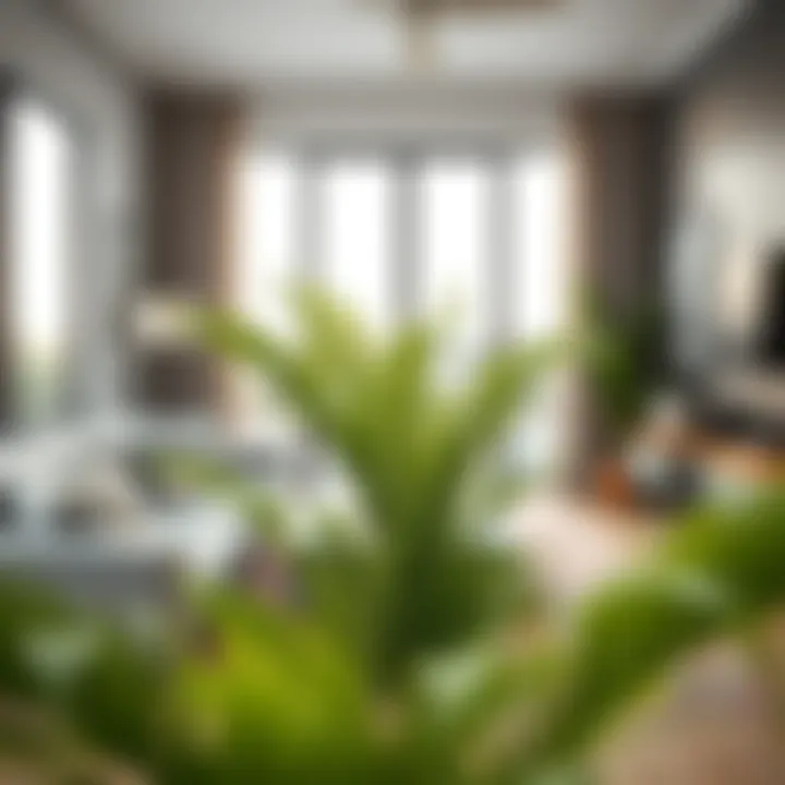 Close-up of a small fake palm plant in a stylish living room