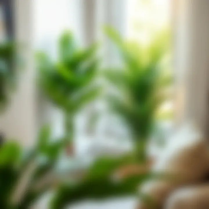 Small fake palm plants integrated into a cozy reading nook