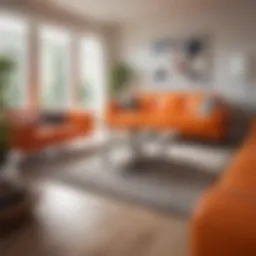 Vibrant living room featuring an orange faux leather sofa