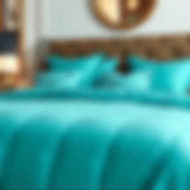 Luxurious queen size turquoise comforter on a stylish bed