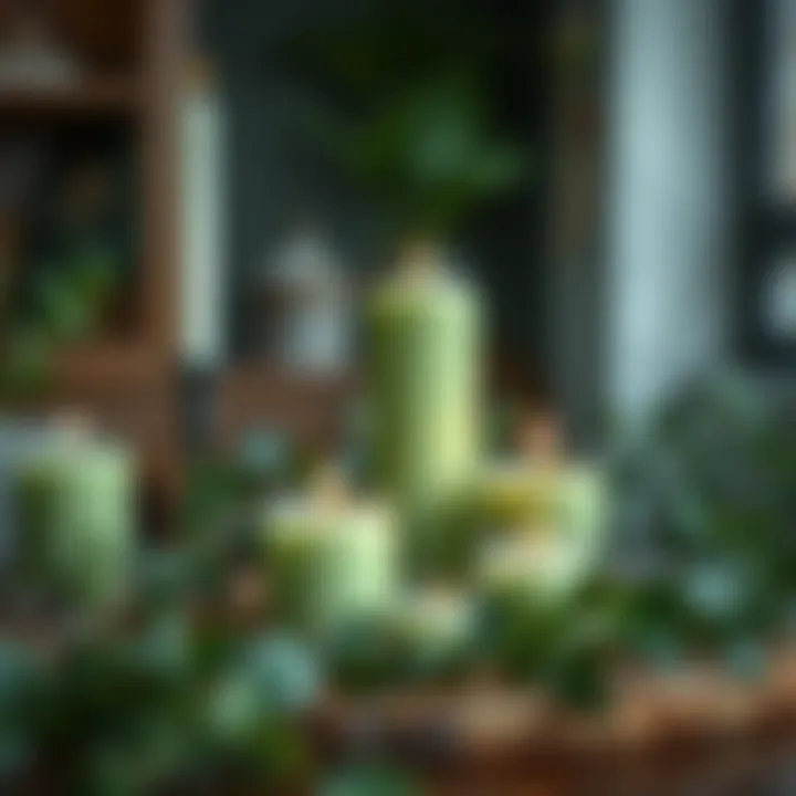 Matcha Ambiance with Nature's Touch Artistic arrangement of matcha candles and greenery
