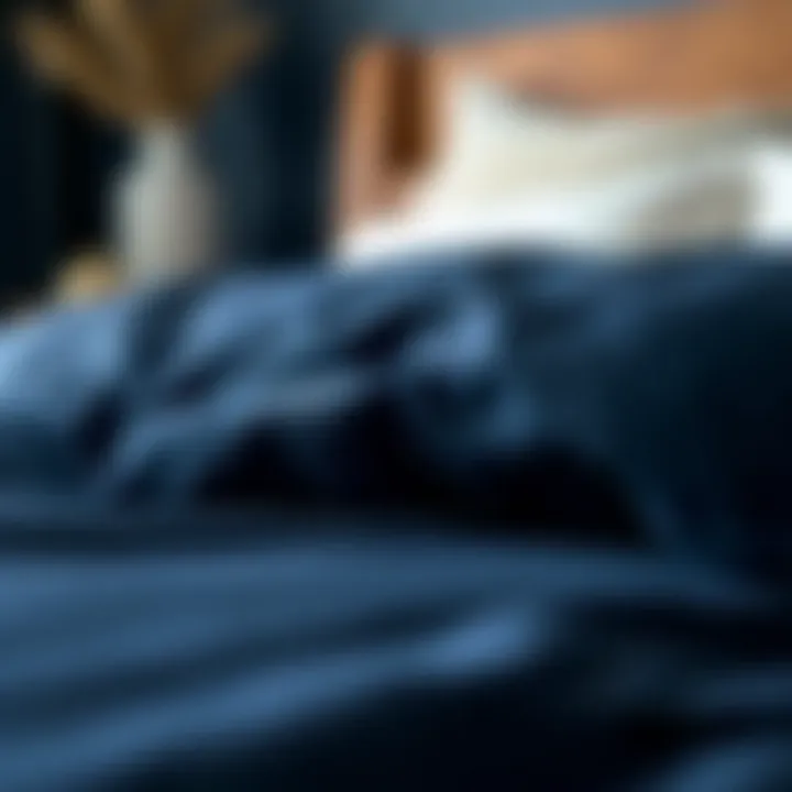 Close-up view of fabric texture of navy blue oversized king comforter