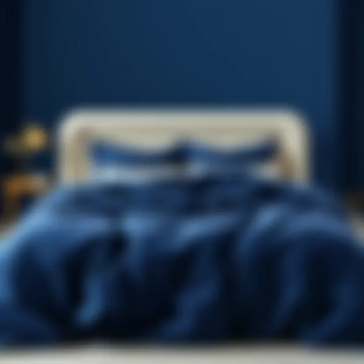 Luxurious navy blue oversized king comforter draped elegantly over a bed