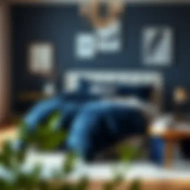 Stylish bedroom featuring navy blue oversized king comforter with complementary decor