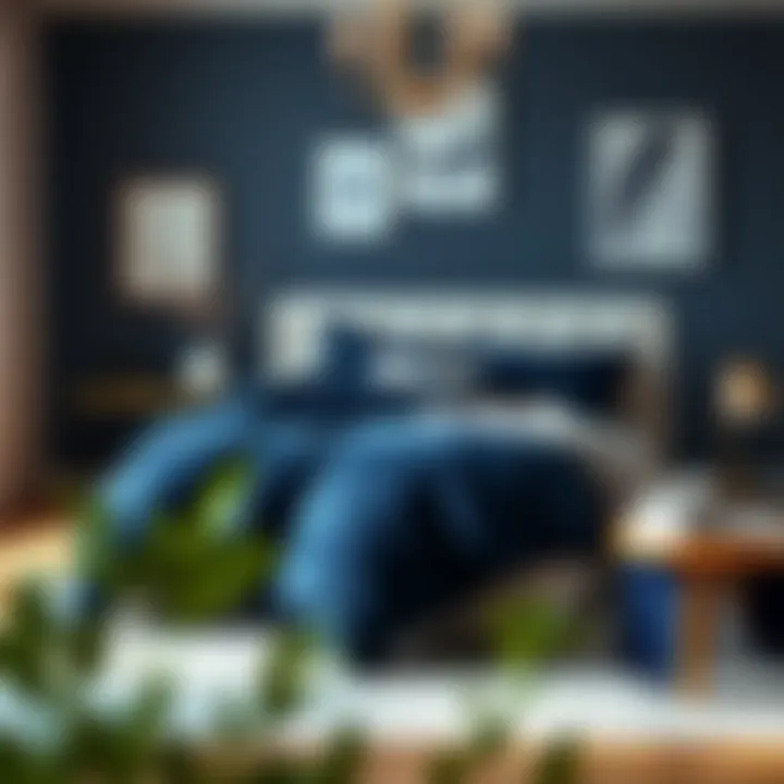 Stylish bedroom featuring navy blue oversized king comforter with complementary decor