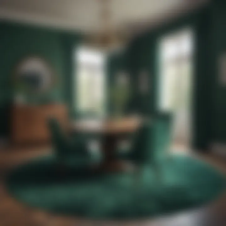 Elegant dining area featuring a round emerald green rug