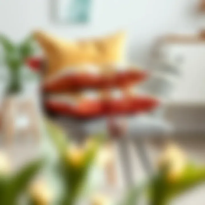 Variety of chair cushions with ties displayed on a modern chair