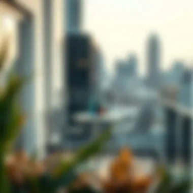 Modern two-seat bar table set placed on a stylish balcony with urban view