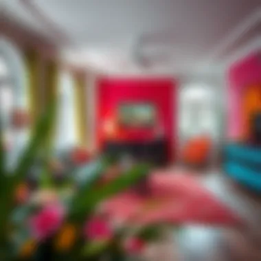 Bright living room with vibrant colors and artistic decor