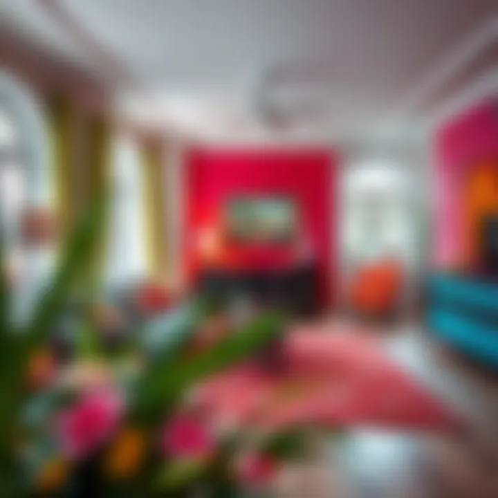 Bright living room with vibrant colors and artistic decor
