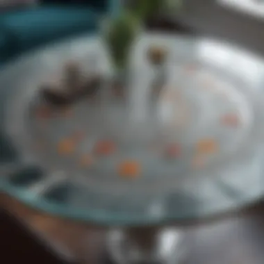 Decorative Touches on Glass Surfaces Close-up of a 36-inch glass table top with decorative elements